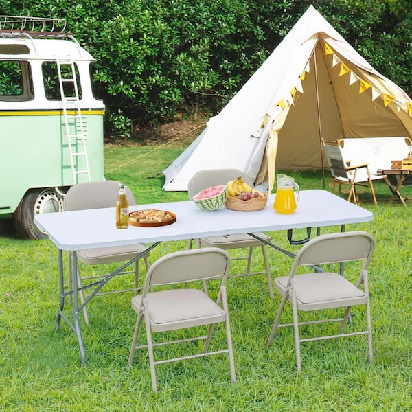 Yangming 71 in.D X 28 in.W Metal Outdoor Indoor Picnic Plastic Folding Table with Carrying Handle for Camping Picnic Party