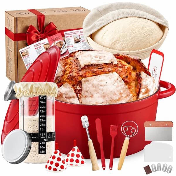 Sourdough Starter Kit with 6.5 qt Enamel Cast Iron Pot, Proofing Basket, Starter Jar and Bread Tools