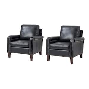 Leander Black Genuine Leather Armchair Set of 2 with Removable Cushion and Nailhead Trims