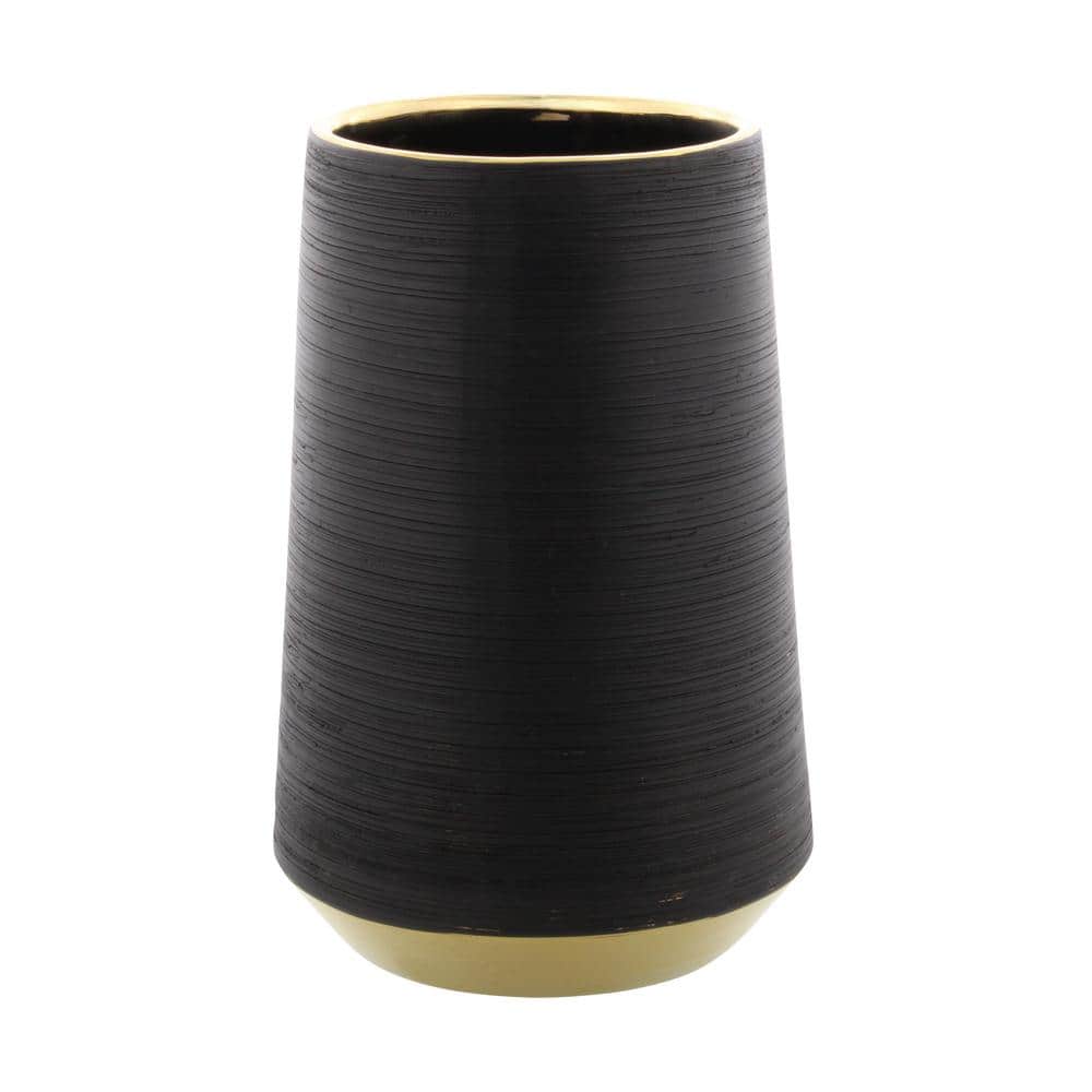 Matte Black Porcelain Vase with Gold Trim Accents 9"x12"