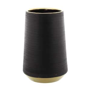 Black Ribbed Porcelain Decorative Vase with Gold accents