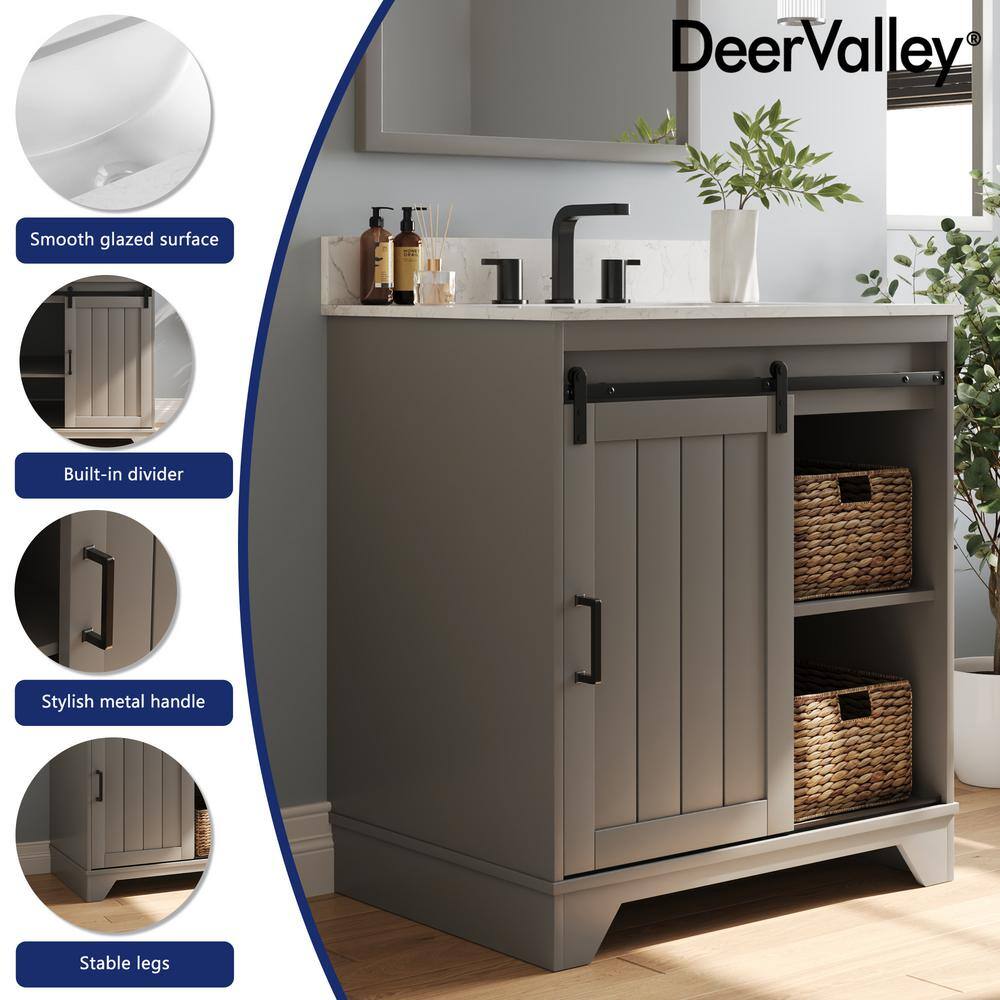 Gray 30" Freestanding Bathroom Vanity with Ceramic Sink and Storage Baskets