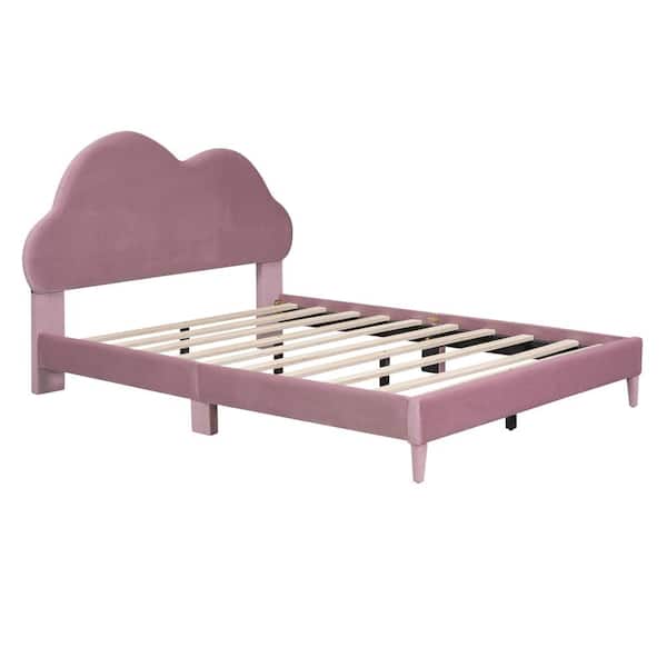 Pink Wood Frame Full Size Soft Velvet Upholstered Platform Bed with  Cloud-Shape Headboard