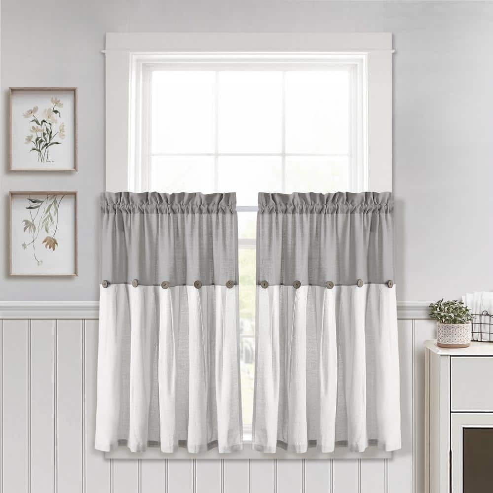 Lush Decor Linen Button Kitchen Tier Window Curtain Panels Gray White 29X36 Set 21T010405 The Home Depot