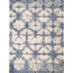 Shibori Silver/Blue 10 ft. x 14 ft. Geometric Bamboo Silk and Wool Area Rug