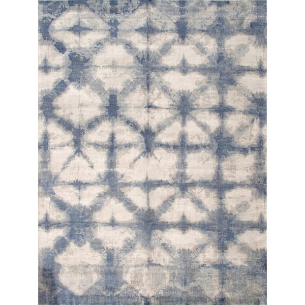 Pasargad Home Shibori Silver/Blue 10 ft. x 14 ft. Geometric Bamboo Silk and Wool Area Rug