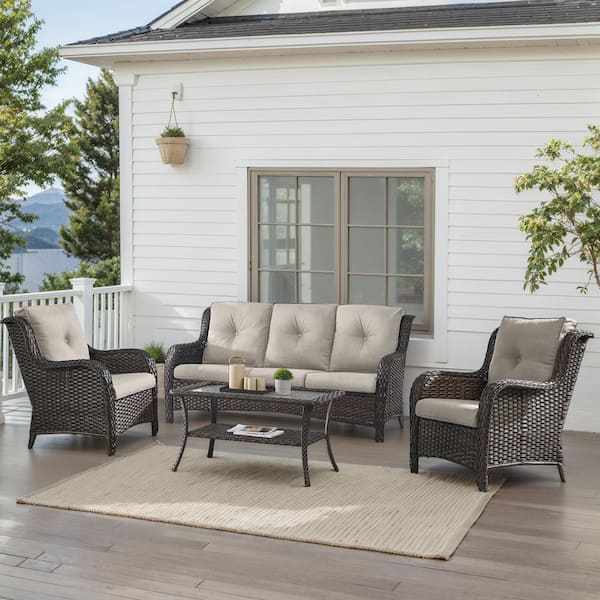 4-Piece Brown Wicker Patio Conversation Set with Olefin Beige Cushions and Lounge Chairs/Sofa