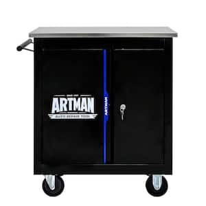 25.9 in. x 13.6 in. Black Steel Kitchen Cart with Cabinets on Wheels