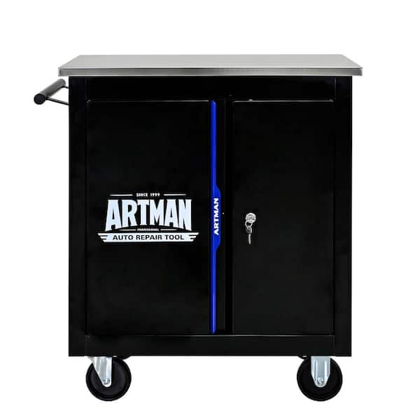 Logmey 25.9 in. x 13.6 in. Black Steel Kitchen Cart with Cabinets on Wheels