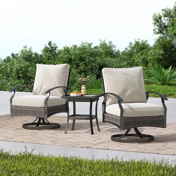 3-Piece Metal Swivel Outdoor Rocking Chairs Patio Conversation Set with Beige Cushions