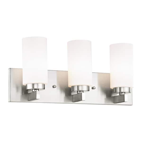 AVIANCE LIGHTING Cranbrook 18 in. 3-Light Brushed Nickel Vanity Light with Satin Opal White Twist Lock Cylinder Glass