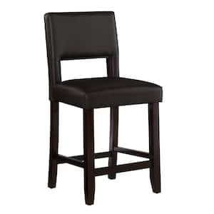 Edison 24.17 in. Brown High Back Wood Counter Stool with Faux Leather Seat