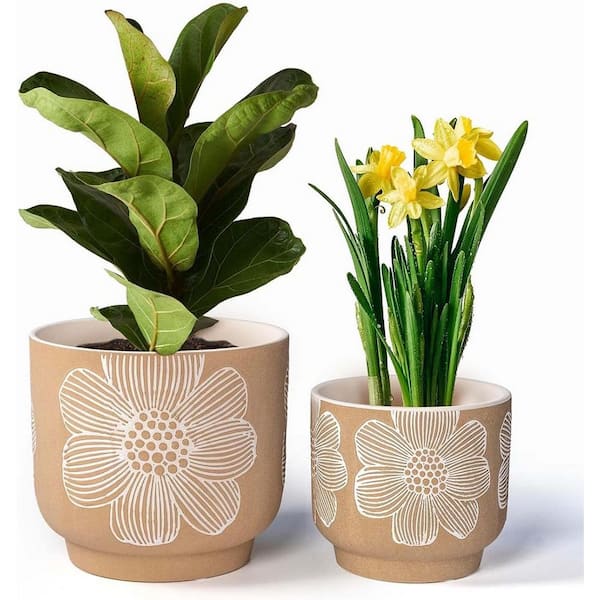 Garden 8 in. L x 7.94 in. W x 7.28 in. H Tan Ceramic Round Indoor/Outdoor Planter (2-Pack)