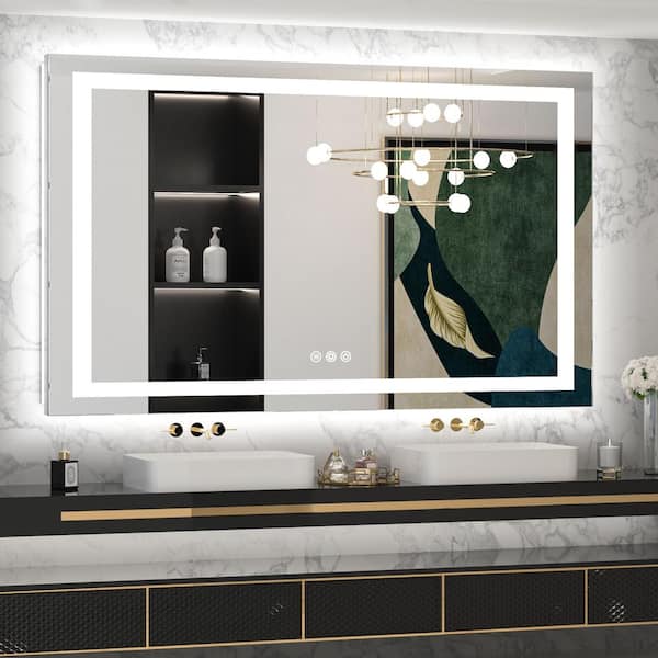 KeonJinn 60 in. W x 28 in. H Rectangular Frameless with Frontlit & Backlit Anti-Fog LED Mirro Wall Mount Bathroom Vanity Mirror