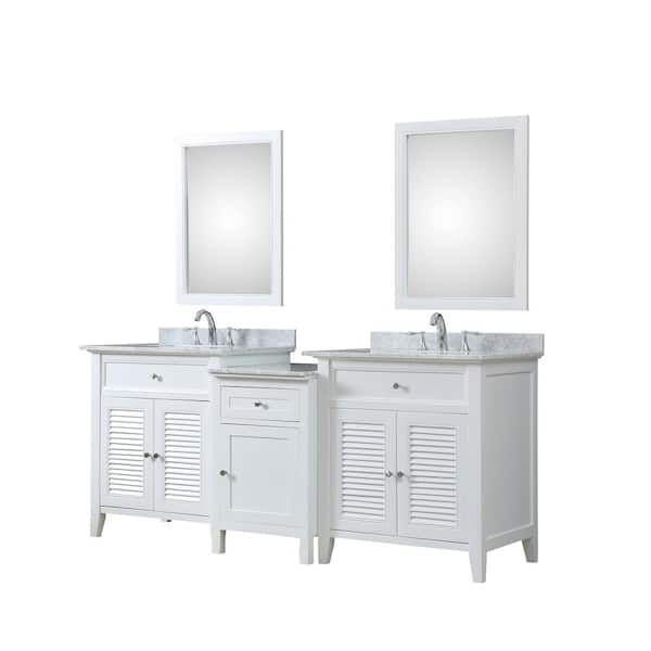 Shutter Hybrid Bath and Makeup 82 in. W Vanity in White with Marble Vanity Top in White with White Basin and Mirrors