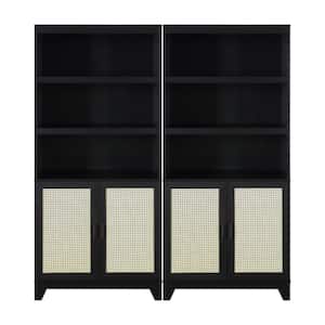 Sheridan 70.86 in. Tall Black Modern Medium Density Fiberboard (MDF) 7-Shelf Cane Accent Bookcase (Set of 2)