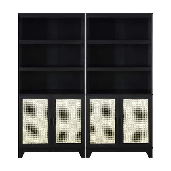 Manhattan Comfort Sheridan 70.86 in. Tall Black Modern Medium Density Fiberboard (MDF) 7-Shelf Cane Accent Bookcase (Set of 2)