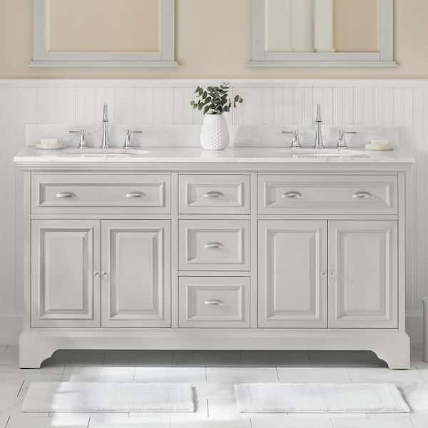 Sadie 67 in. W x 21.5 in. D Vanity in Matte Pearl with Marble Vanity Top in Natural White with White Sink