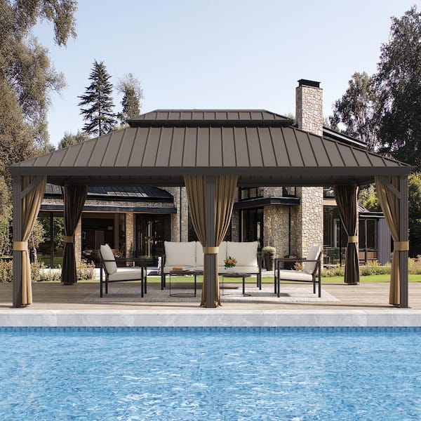 14 ft. x 20 ft. Double Galvanized Steel Roof Aluminum Frame Outdoor Patio Hardtop Gazebo with Netting and Curtains