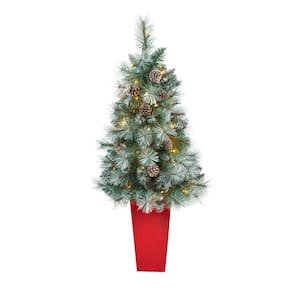 3.5ft. Frosted Tip Pine Artificial Christmas Tree with 50 Clear Lights, Pine Cones and 112 Bendable Branches Planter