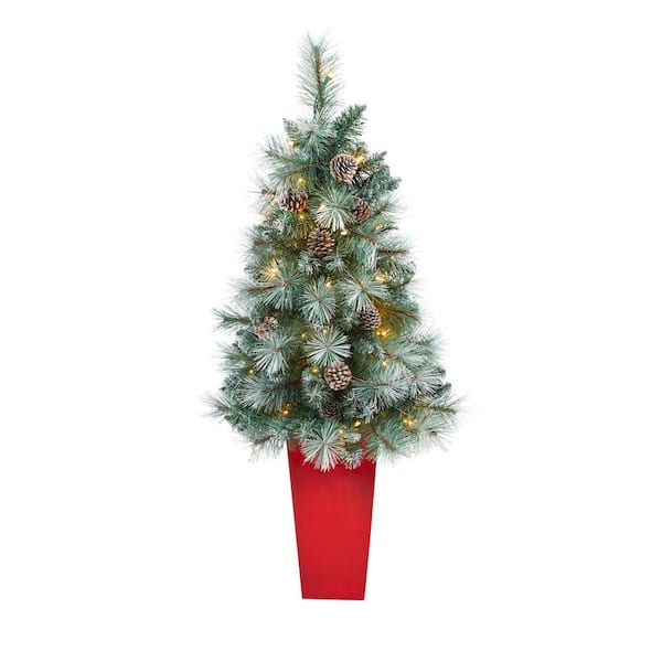 Nearly Natural 3.5ft. Frosted Tip Pine Artificial Christmas Tree with 50 Clear Lights, Pine Cones and 112 Bendable Branches Planter