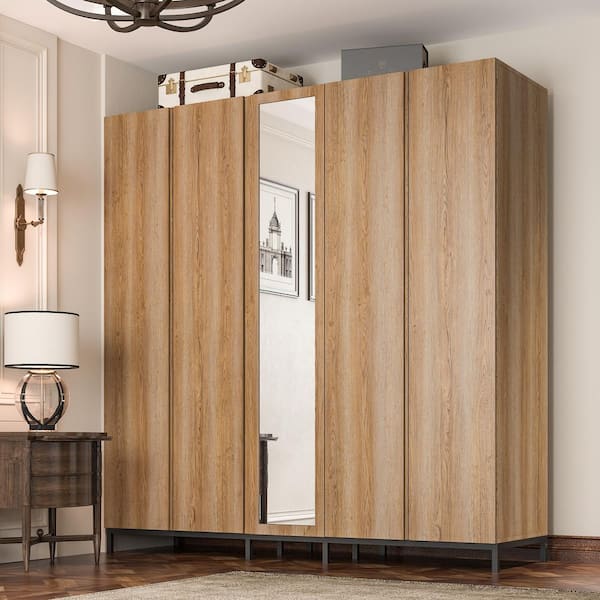FUFU&GAGA Brown Wodoen 82.7 in. Width Large Wall Wide Armoire, Wardrobe with Mirrored Door, 2-Hanging Rods and 11-Shelves