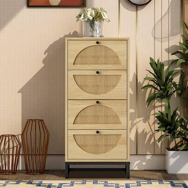 YOFE Natural Rustic 4-Drawer Accent Storage Cabinet for Bedroom, Living Room, Study with Natural Rattan Decor