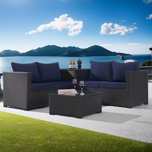 4-Piece Patio Wicker Sectional Sofa Set with Storage Box and Glass Coffee Table