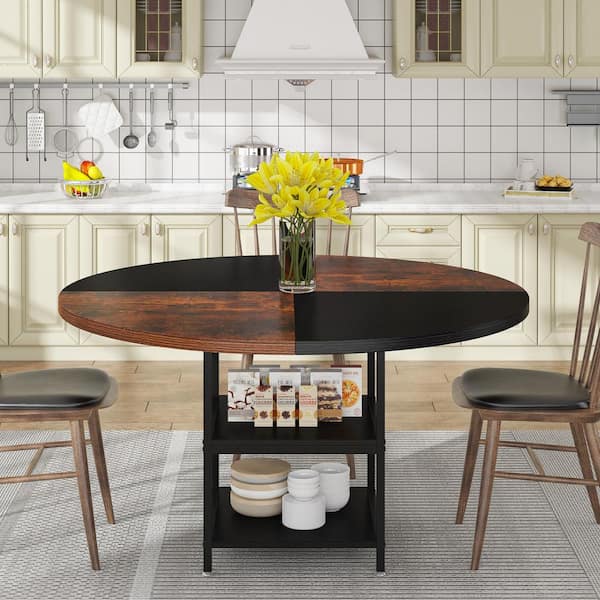 BYBLIGHT Roesler 47.25 in. Black Brown Wood Round Dining Table, Rustic Pedestal Dining Table with Storage Shelf Metal Legs for 4