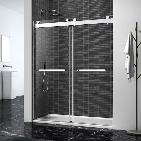 VANITYFUS 72 in. W x 76 in. H Double Sliding Frameless Shower Door in Brushed Nickel with Soft-Closing and 3/8 in. (10 mm) Glass