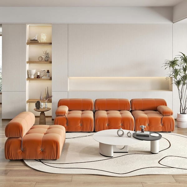 Magic Home Chameleon 138 in. Square Arm 4-piece Modern Minimalism Velvet Modular Combination Sectional Sofa Living Room in. Orange