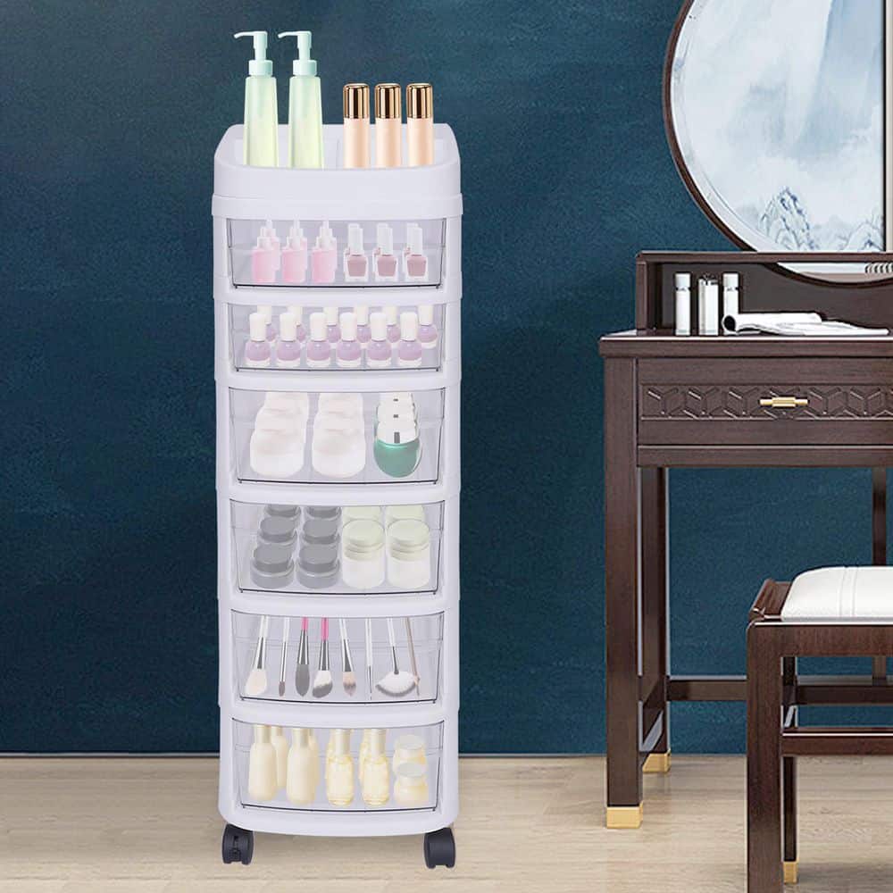 White 6-Tier Plastic Rolling Storage Cart with Clear Drawers