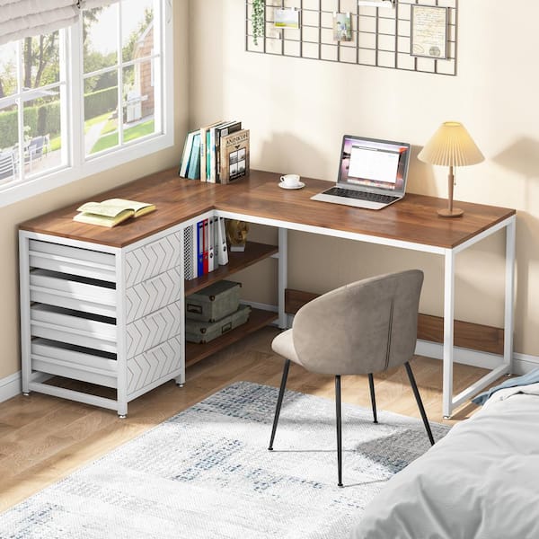 BYBLIGHT Lanita 59 in. L-Shaped Brown Engineered Wood 4-Drawer Executive Desk with Shelves Reversible Computer Desk Writing Table