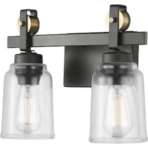 Knollwood 2-Light Antique Bronze Vanity Light with Vintage Brass Accents and Clear Glass Shades