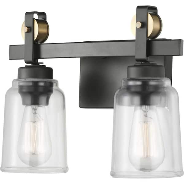 Home Decorators Collection Knollwood 2-Light Antique Bronze Vanity Light with Vintage Brass Accents and Clear Glass Shades