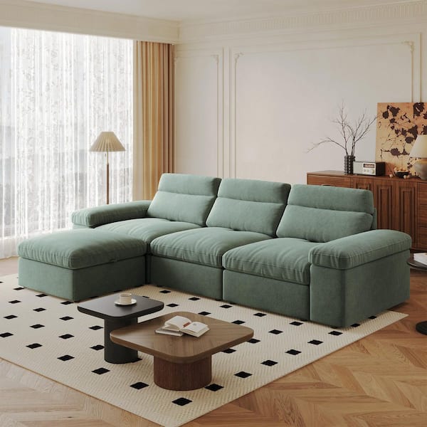 Yvette 114.2 in. Polyester Upholstered L-Shaped Sectional Sofa in. Dark Green with Ottoman, Adjusted Backward