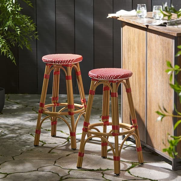 Flynama Set of 2 29.5 in. Outdoor PE Ratten and Aluminum French Backless Barstools in Red