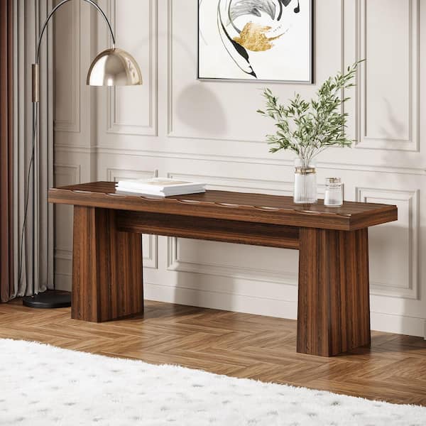 Farmhouse Walnut Wooden 47.24 in. Double Pedestal Dining Table Bench, 2-Seating Shoe Bench, Indoor Bedroom Entryway