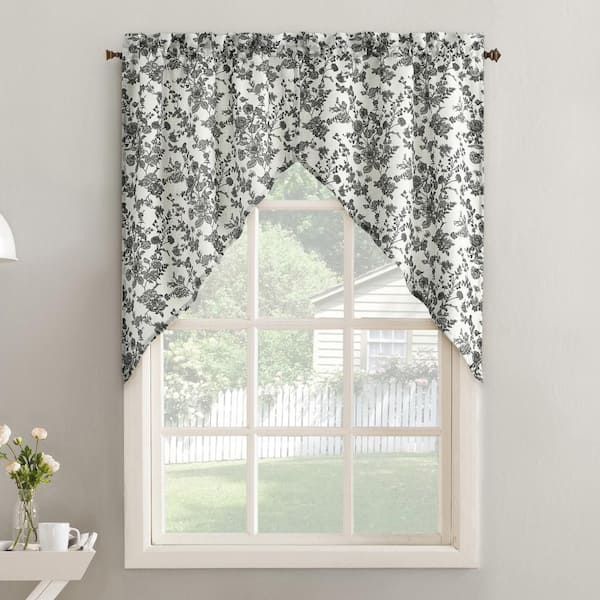 Elara Black Polyester 27 in. W x 38 in. L Rod Pocket Light Filtering Kitchen Curtain Swag Pair (Set of 2)