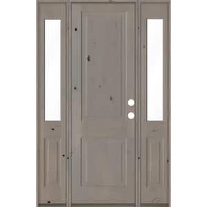 58 in. x 96 in. Rustic Knotty Alder Left-Hand/Inswing Clear Glass Grey Stain Square Top Wood Prehung Front Door