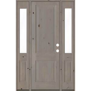 60 in. x 96 in. Rustic Knotty Alder Left-Hand/Inswing Clear Glass Grey Stain Square Top Wood Prehung Front Door