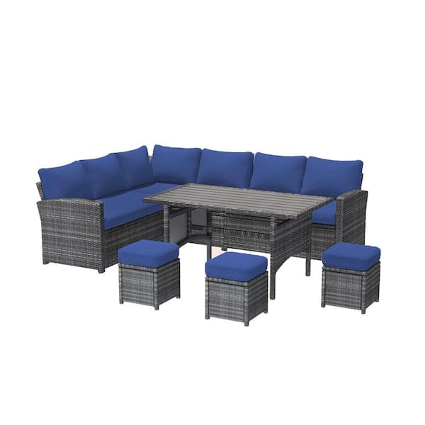 Sudzendf Grey 7-Piece Wicker Patio Conversation Set with Dark Blue Cushions, Dining Table and Chair with Ottoman