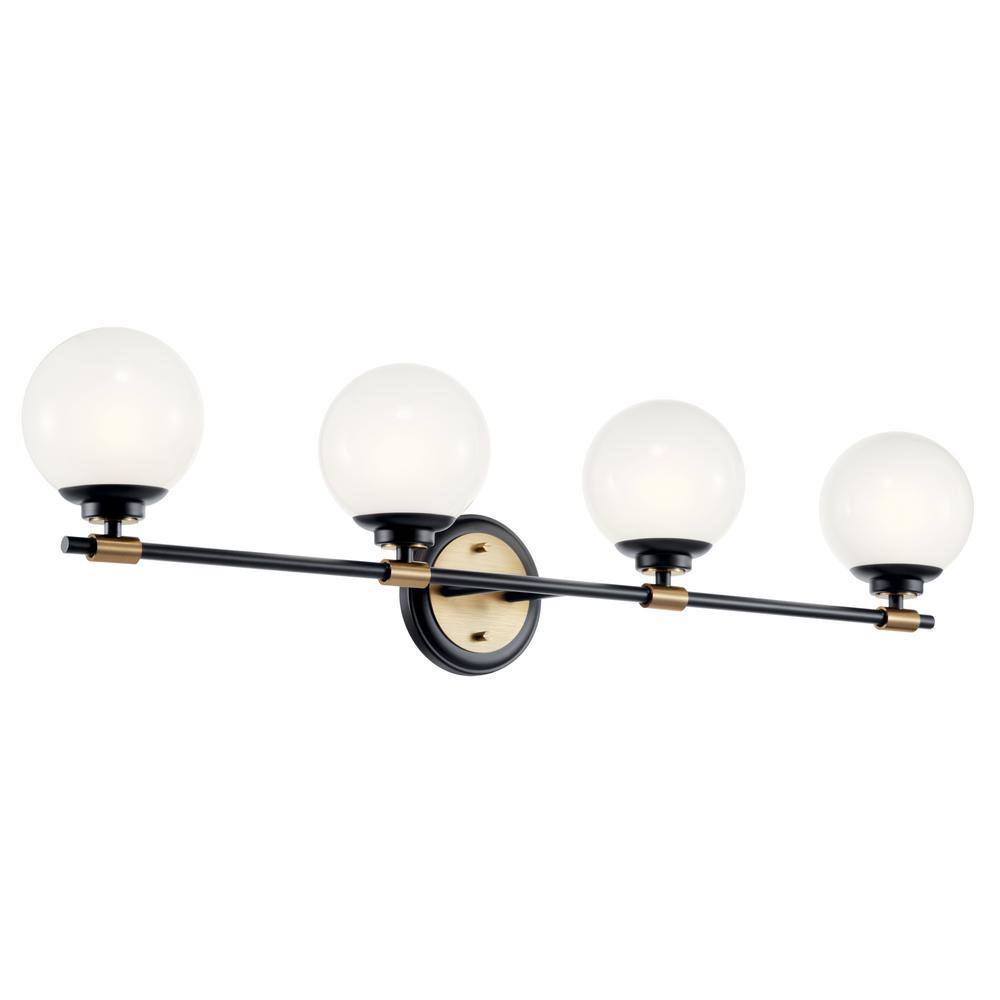 KICHLER Benno 34 in. 4-Light Black and Champagne Bronze Industrial Bathroom Vanity Light with Opal Glass