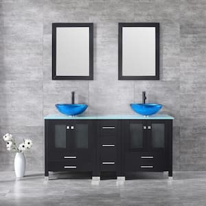 60 in. W x 21.5 in. D x 61 in. H Double Sinks Bath Vanity in Black with Glass Top and Mirror