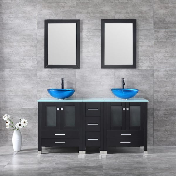 Wonline 60 in. W x 21.5 in. D x 61 in. H Double Sinks Bath Vanity in Black with Glass Top and Mirror