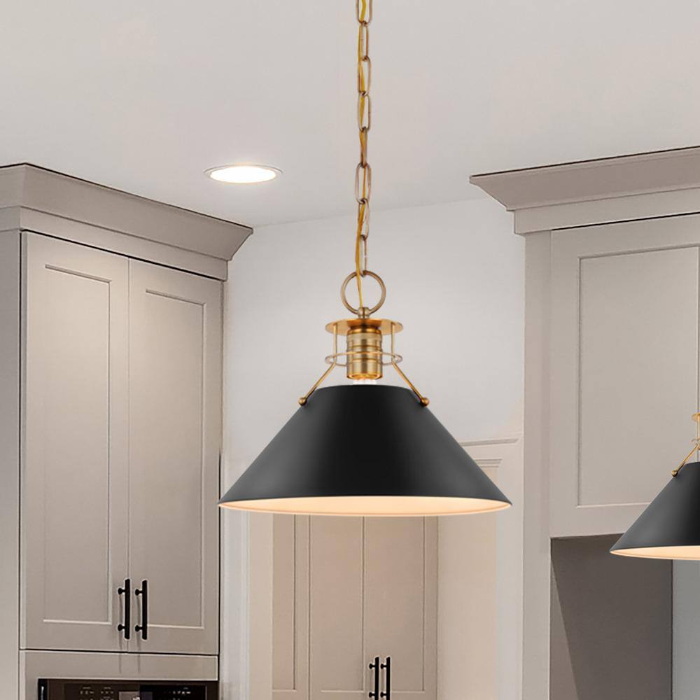 Outpost 13" Matte Black and Burnished Brass Cone Pendant