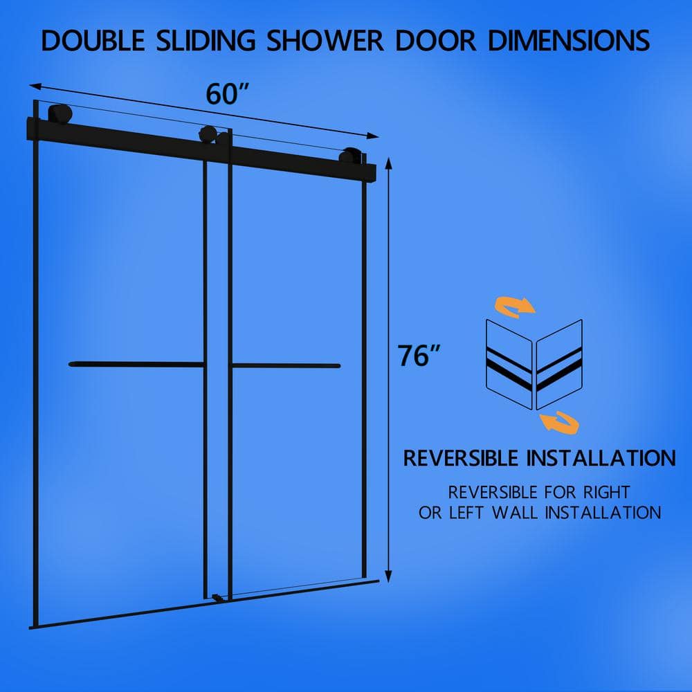 60'' Matte Black Double Sliding Frameless Shower Door with Clear Glass