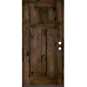 32 in. x 80 in. Rustic Knotty Alder 3-Panel Left Hand Black Stain Wood Prehung Front Door