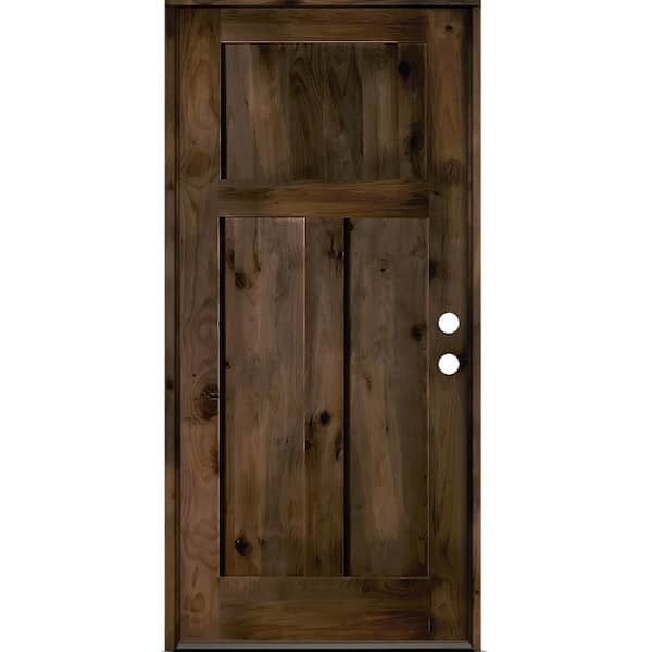 Krosswood Doors 36 in. x 80 in. Rustic Knotty Alder 3 Panel Left Hand Black Stain Wood Prehung Front Door