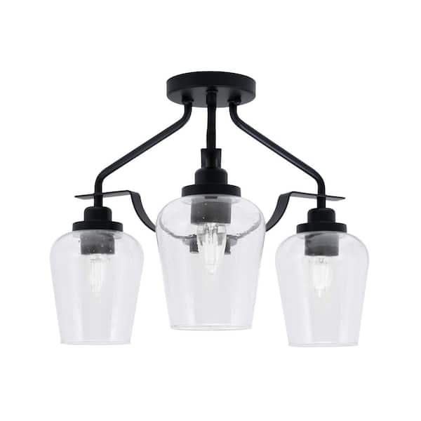 Unbranded Zara 15.5 in. 3-Light Matte Black Semi-Flush with 5 in. Clear Bubble Glass Shades No Bulbs Included
